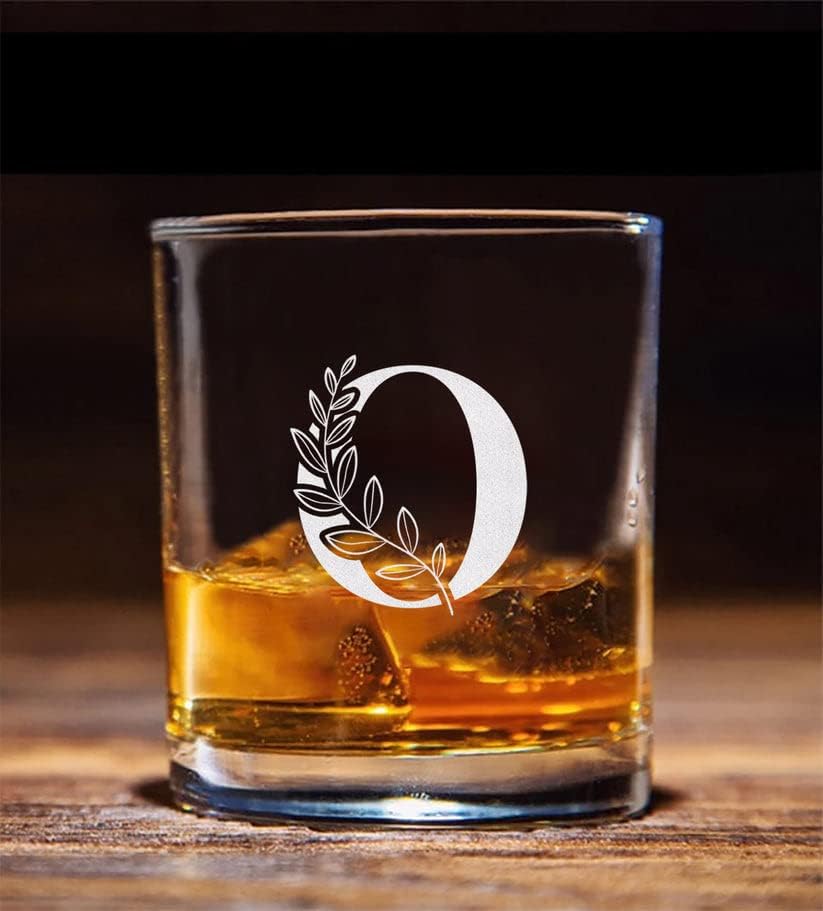 Virágos Monogram O Whiskys Üveg - Betű A-Z Vésett - Stemless Whiskys Üveg - Ajándék Apa - anyák Napja