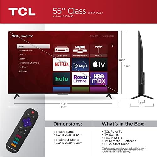 A TCL 55 Class 4-es Sorozat 4K UHD HDR Okos Roku TV(Wi-Fi, RF, USB, Ethernet, HDMI) - 55S455 Alto 6+ 2.1