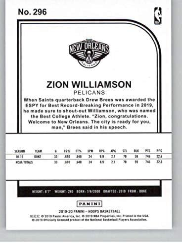 2019-20 NBA Karika Kosárlabda 296 Sion Williamson New Orleans Pelicans RC Újonc Kártya Hivatalos NBA