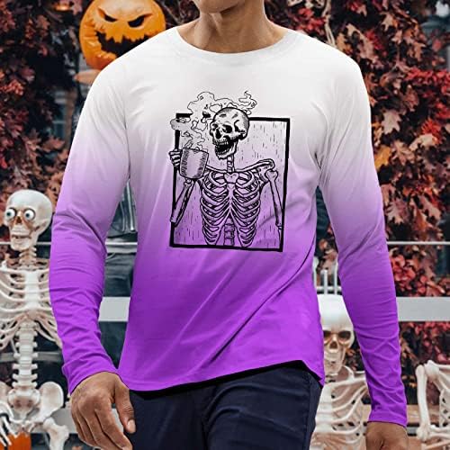 ZDDO Halloween T-shirt Mens Hosszú Ujjú Vicces Csontváz Nyomtatás Gradiens Fél Póló Slim Fit Muscle Sport
