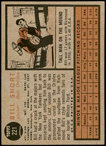 1962 Topps 221 Bill Rövid Baltimore Orioles (Baseball Kártya) NM/MT Orioles
