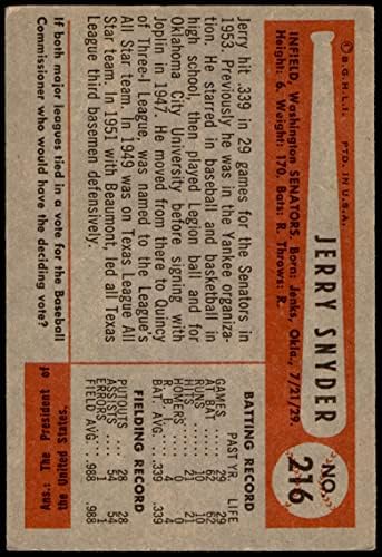 1954 Bowman 216 MINDEN Jerry Snyder Washington Senators (Baseball Kártya) (Mező Avg az összes positons
