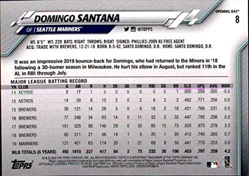 2020 Topps Nyitó Nap Baseball 8 Domingo Santana Seattle Mariners MLB Hivatalos Kereskedési Kártya