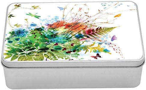 Ambesonne Akvarell Doboz, Virágos Dzsungel Lombozat Nyári Design Pillangó Szitakötő Gyógynövények Friss