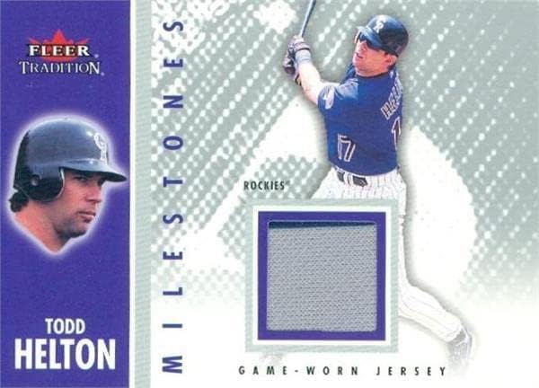 Todd Helton játékos kopott jersey-i javítás baseball kártya (Colorado Rockies) 2003 Fleer Hagyomány Mérföldkövek