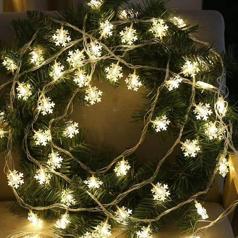 Karácsonyi Fények, Hópehely String Fények,Tündér Lights19.6FT,40LED,Akkumulátoros,Kihúzható, Beltéri,