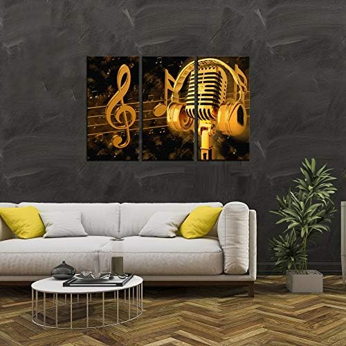 Biuteawal - Zene Művészi Festmények Wall Art Arany Fém Mikrofon, Headset Megjegyzés Kép Vászon Giclee
