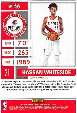 2019-20 Panini Versenyző bérlet 36 Hassan Whiteside Portland Trail Blazers NBA Kosárlabda Trading Card