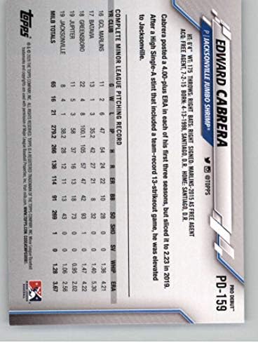 2020 Topps Pro Debütáló PD-159 Edward Cabrera RC Újonc Jacksonville Óriás Garnéla Baseball Trading Card